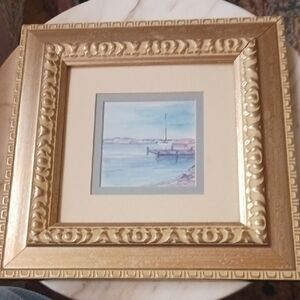 Original Watercolor of 5" X 5" Seascape, In Gold Painted Wood Frame, Vintage
